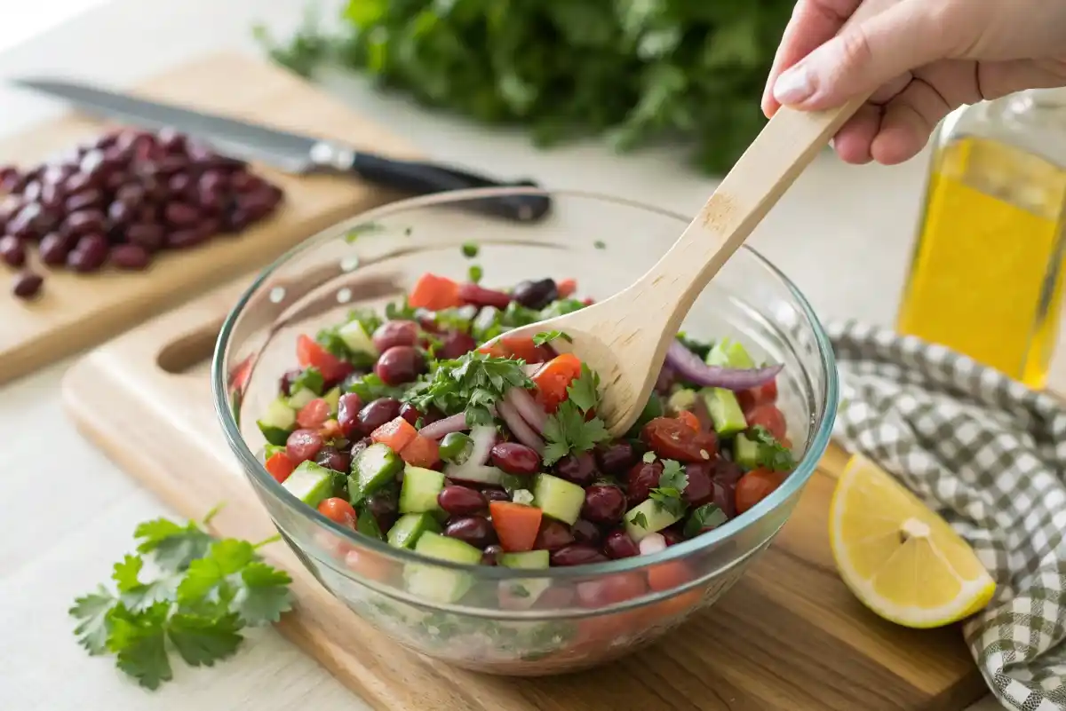 A colorful dense bean salad in a rustic ceramic bowl with fresh vegetables and vinaigrette dressing.