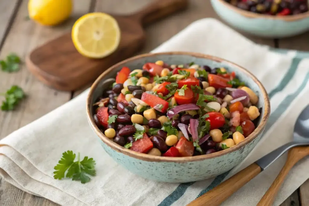 Hands mixing a dense bean salad with wooden tongs in a glass bowl.