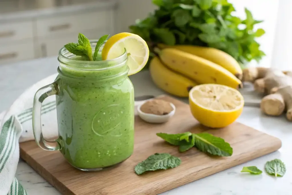 lemon balm recipe for weight loss Lemon balm smoothie in a mason jar with fresh ingredients