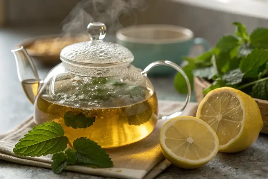 Lemon Balm Recipe for Weight Loss Glass teapot with lemon balm tea and fresh leaves