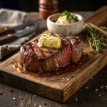 Perfectly seared ribeye steak with bone marrow butter for carnivore diet