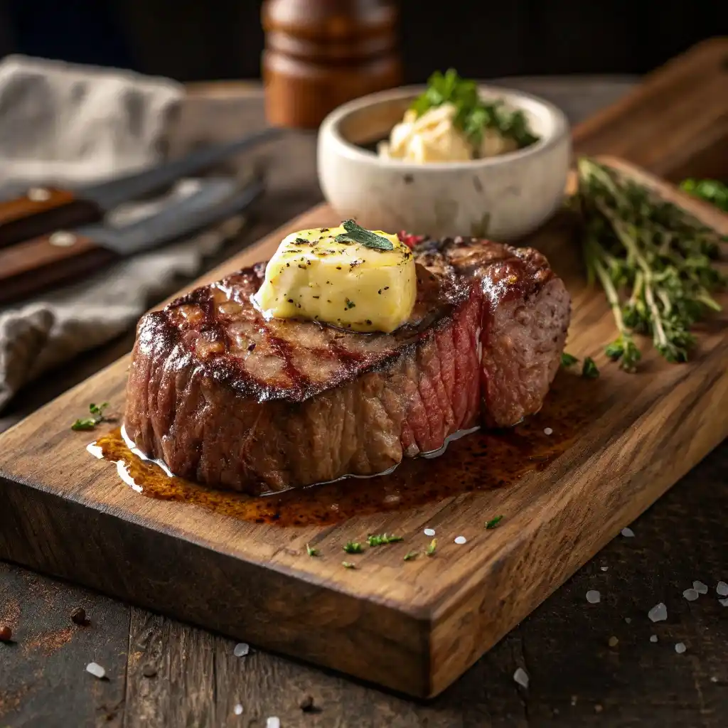Perfectly seared ribeye steak with bone marrow butter for carnivore diet