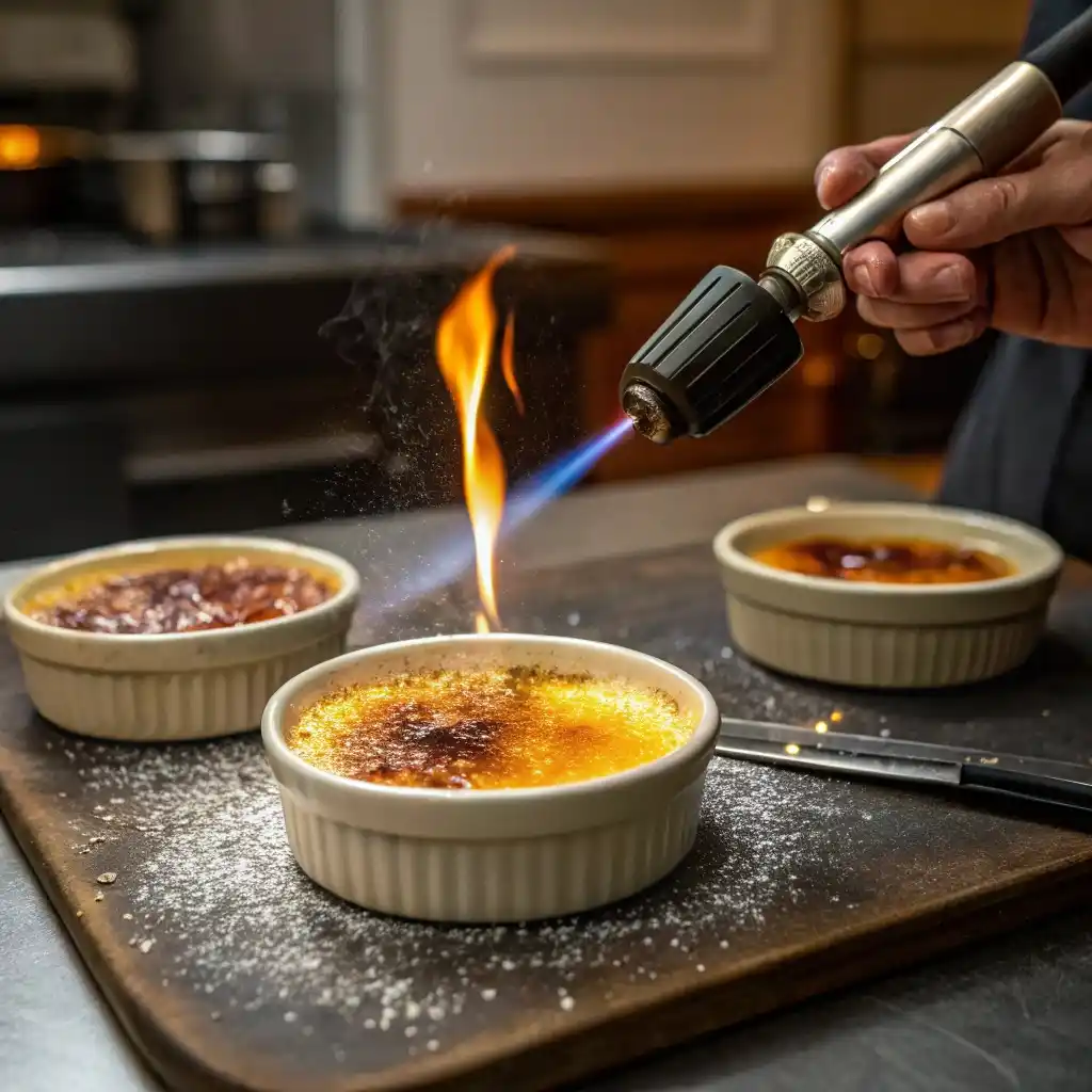 Creamy Crab Brulee Recipe 3 Creamy Crab Brulee Recipe Caramelizing sugar top on crab brulee with kitchen torch