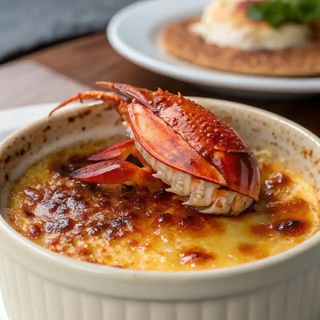 Homemade crab brulee recipe with caramelized sugar top and fresh herbs