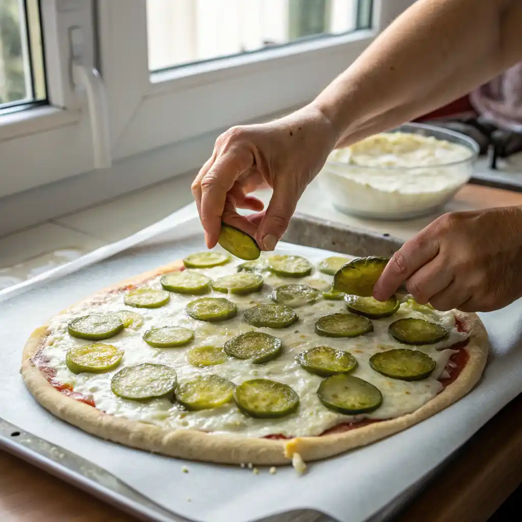Pickle Pizza: The Boldest Food Trend of 2025 2 Pickle Pizza: The Boldest Food Trend of 2025 Hands preparing homemade pickle pizza by layering cheese and pickles on dough