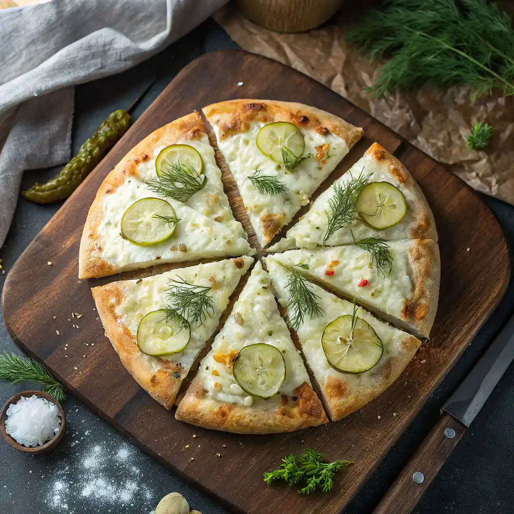 Freshly baked pickle pizza with garlic-dill sauce and melted cheese, sliced on a wooden board