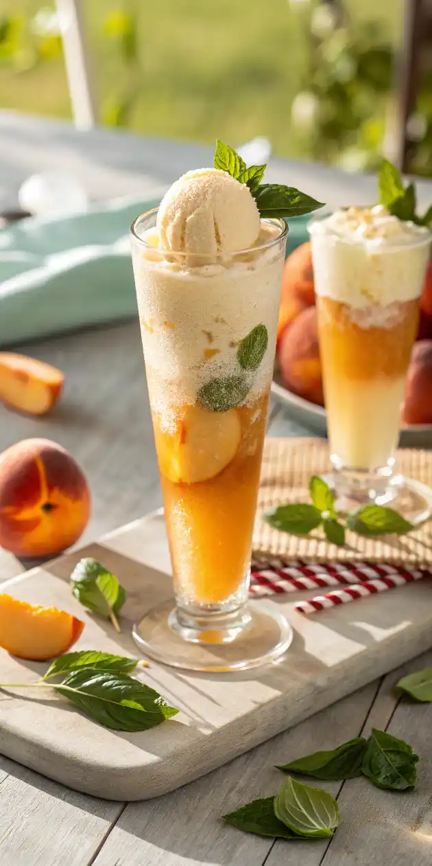Peach-Basil Cream Soda Float with fresh basil garnish and peach slices